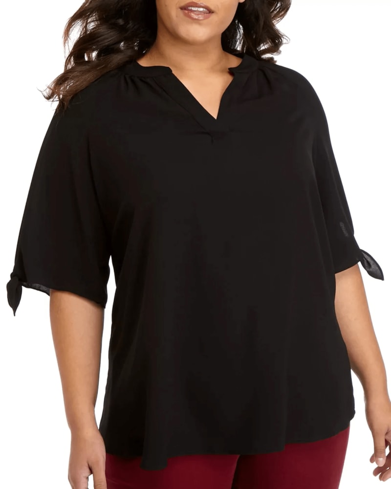Front of a model wearing a size 3X Michael Kors Women's Plus Size Tie-Sleeve Top Black Size 3X in Black by Michael Kors. | dia_product_style_image_id:311254